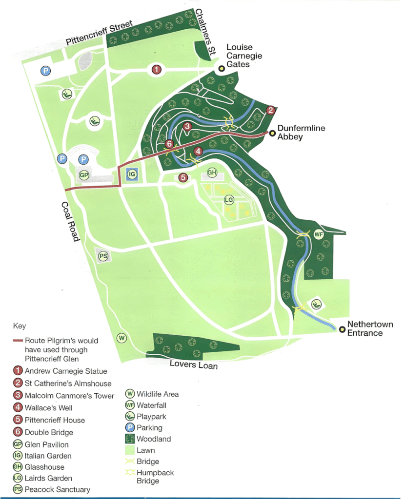 Interactive transit and taxi drop-off map layout for Dunfermline Bruce Festival 2026 at Pittencrieff Park, showing alternative routes to avoid traffic congestion.