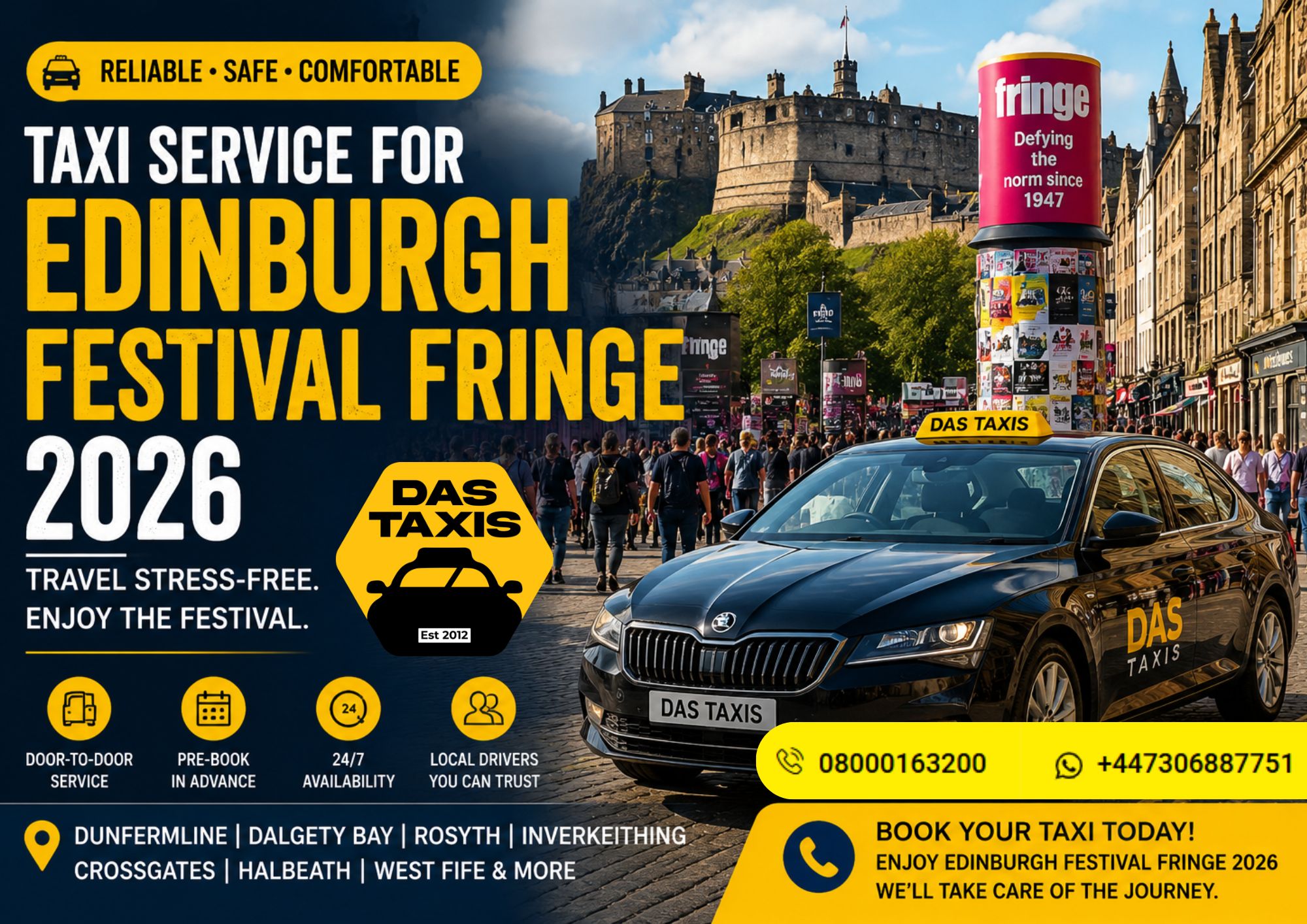 Taxi to Edinburgh Fringe 2026 from Dunfermline & West Fife